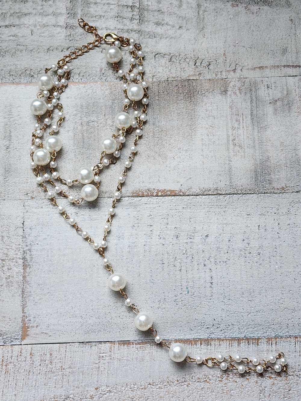 Gold and White Pearl Multi-Strand Lariat Anklet